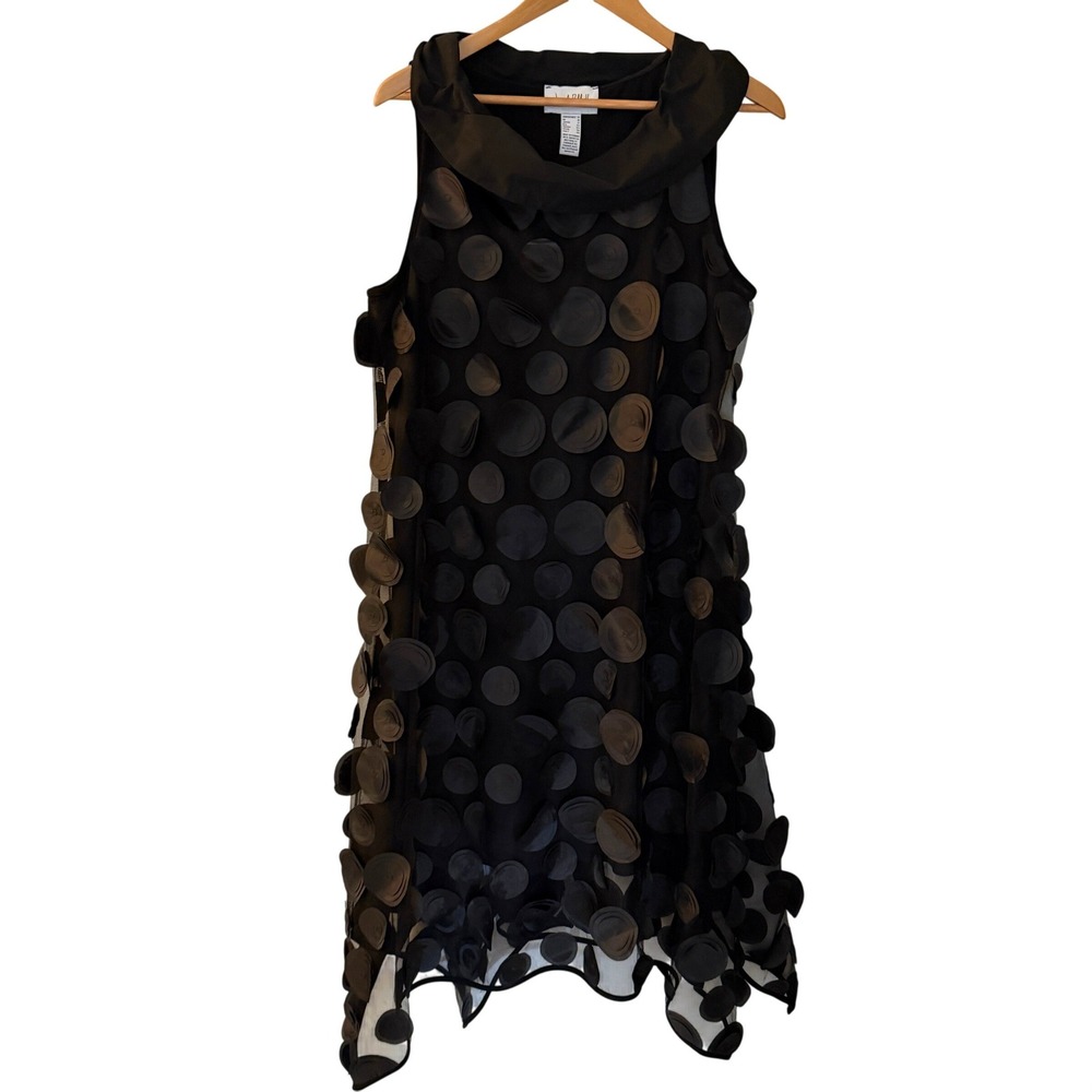 Joseph Ribkoff 3D Circle Applique Dress Womens 14 Black Mesh Handkerchief Hem